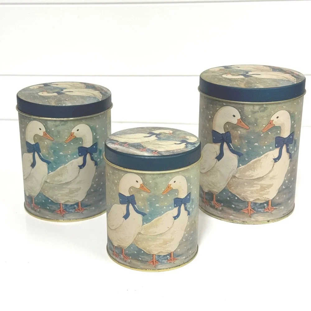 Vintage Country Goose Tin Canister Set 3 Nesting Blue Bows Cottagecore Decor
